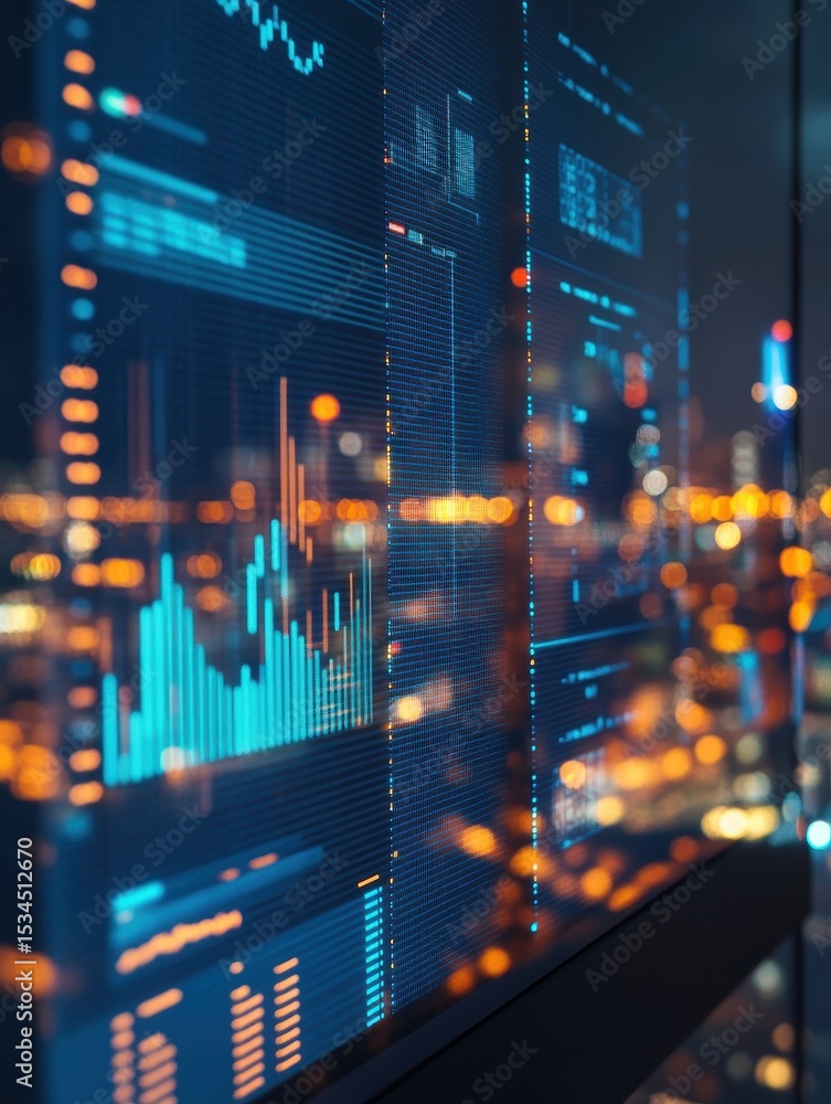 Poster closeup of a computer screen displaying financial data and charts, with a blurred city lights backgr