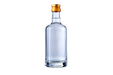 Clear glass vodka bottle with gold cap isolated on transparent background