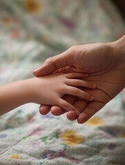 Supportive touch: adult hand holding child's hospitalized hand in medical setting
