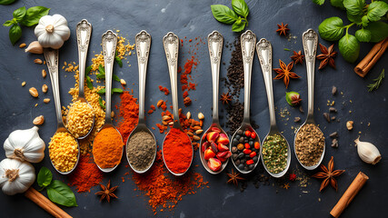 Assortment of spices and herbs on silver spoons arranged on a dark surface