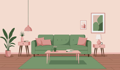 Modern living room with sofa, table, carpet, plants and other decor. Vector flat illustration of interior design and furniture