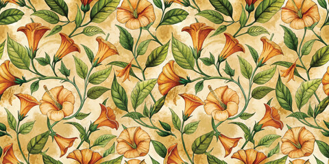 Naklejka premium Vibrant orange flowers with lush green leaves on a textured beige background.
