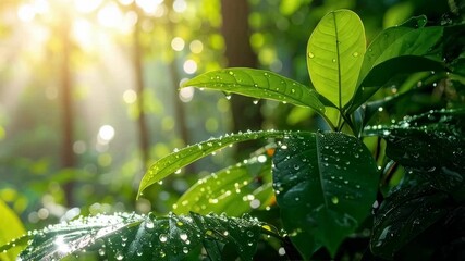Lush green leaves with water droplets glistening in the sunlight in a dense tropical forest - Powered by Adobe