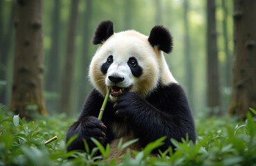 Obraz premium Panda eats bamboo in natural habitat. Black white bear in forest. Adorable giant panda cub enjoying meal. Wild mammal, endangered species. Fauna nature tech.