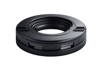 Sleek black circular module conveying cutting edge precision engineering with futuristic on transparent background