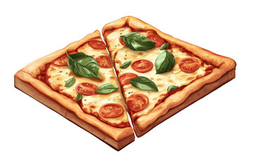 Sharing a cheesy square pizza topped with fresh basil and sliced tomatoes for a cozy night on transparent background