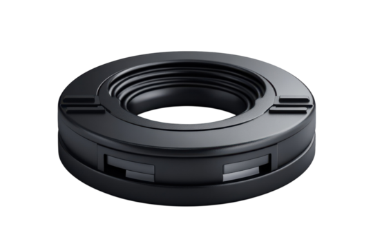 Sleek black circular module conveying cutting edge precision engineering with futuristic on transparent background