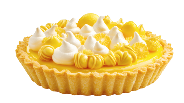 Bright yellow lemon tart in a fluted crust with meringue peaks on top isolated on white background 