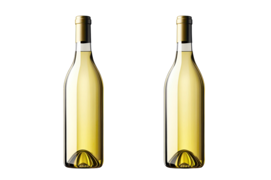Two elegant bottles of crisp chilled white wine ready for a celebration casting a subtle glow on transparent background