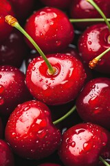 Many red ripe cherries close-up with water drops. shallow depth of field