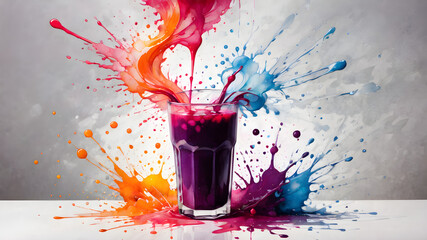 Colorful watercolor splash around a glass of purple juice in a creative design.