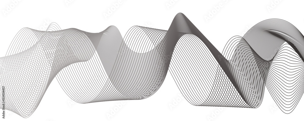 Poster abstract digital composition with smooth, flowing waveforms made of fine, parallel grey lines.modern