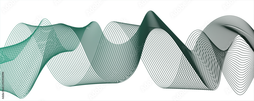 Poster abstract digital composition with smooth, flowing waveforms made of fine, parallel blue lines.modern