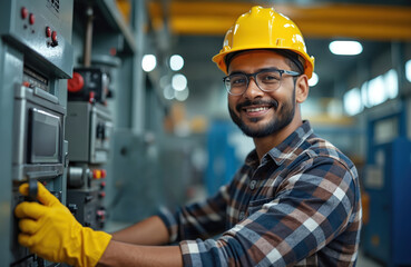 Smiling indian industrial worker in yellow hard hat, plaid shirt operates heavy machinery. Man working on factory floor wears safety gear. Production, manufacturing, industry, engineering, technology