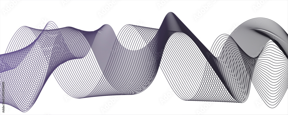Poster abstract digital composition with smooth, flowing waveforms made of fine, parallel blue lines.modern
