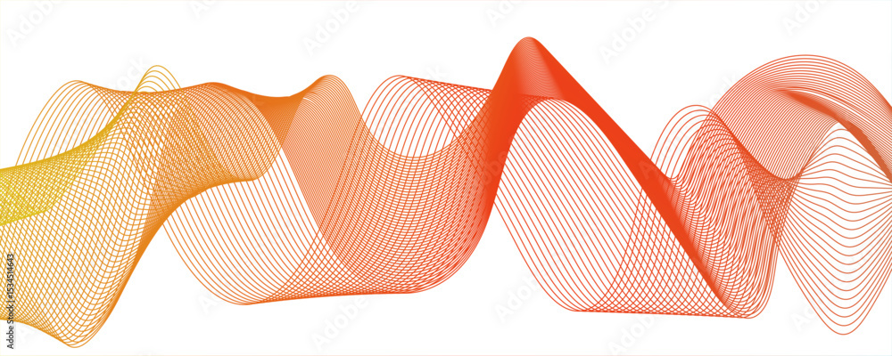 Poster abstract digital composition with smooth, flowing waveforms made of fine, parallel orange lines.mode