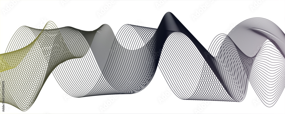 Poster abstract digital composition with smooth, flowing waveforms made of fine, parallel black lines.moder