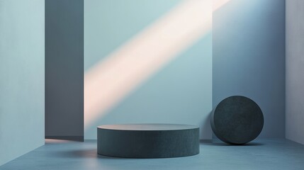Minimalist gray podium with a blue background, soft light and shadow creating depth