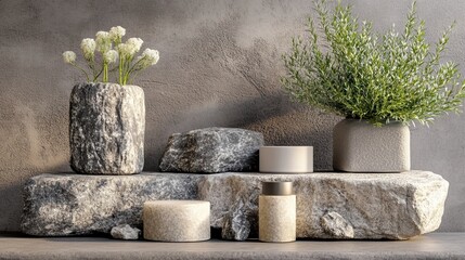 Modern home decor, featuring beige and grey stone blocks with plants in vases and white or black cylindrical boxes placed on top of the stones