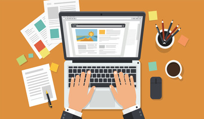 Business Man Typing Laptop Workplace Desk Documents Papers Folder Office Stuff Top Angle View Flat Vector Illustration