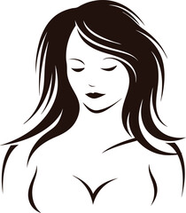 elegant woman face silhouette vector with long flowing hair and closed eyes, beauty salon logo concept, black and white illustration