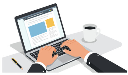 Business Man Typing Laptop Workplace Desk Documents Papers Folder Office Stuff Top Angle View Flat Vector Illustration