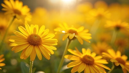 Obraz premium Vibrant field yellow daisy flowers bathed in sunlight. Bright petals, green leaves. Natural floral backdrop, summer vibes. Perfect for nature, spring, eco concepts.