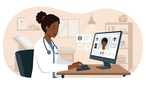 Doctor accessing digital health records on laptop flat design illustration isolated on white background