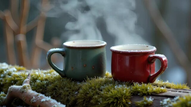 Two steaming cups of tea on mossy log in a winter forest  