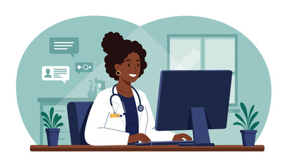 Doctor accessing digital health records on laptop flat design illustration isolated on white background