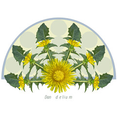 Botanical Dandelion Illustration with Yellow Flowers and Green Leaves on Geometric Background
