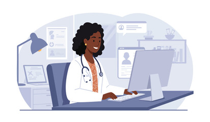 Doctor accessing digital health records on laptop flat design illustration isolated on white background