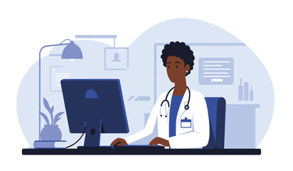 Doctor accessing digital health records on laptop flat design illustration isolated on white background