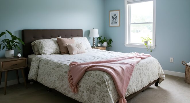 Cozy contemporary bedroom interior design with queen size bed and pastel blue walls