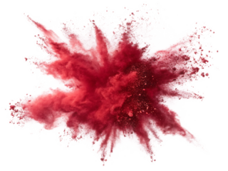 A vibrant explosion of red powder against a stark black background creating a dynamic effect