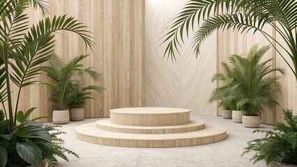 Fototapeta premium Light Beige Wooden Platform with Tropical Plants light wood