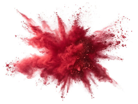 A vibrant explosion of red powder against a stark black background creating a dynamic effect