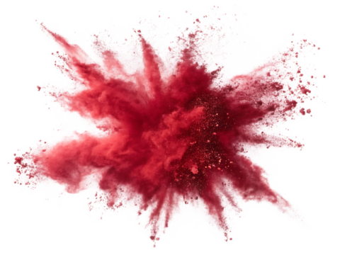 A vibrant explosion of red powder against a stark black background creating a dynamic effect