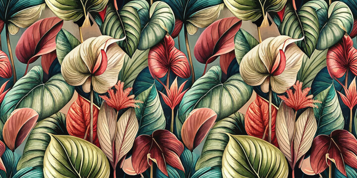 Vibrant tropical leaves in rich colors creating a lush, lively backdrop. - Powered by Adobe