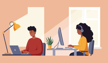 Business meeting or negotiation in office at table.  office meeting, business people working and discussion illustration