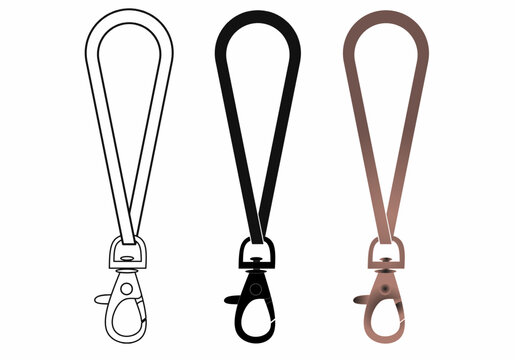 Keychain strap or webbing lanyard strap vector set, includes outline, solid black, and brown leather styles with metal clasp hook, perfect for accessories, mockups, and merchandise design.
