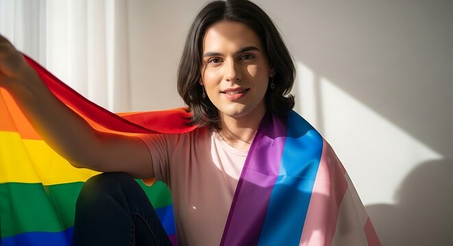 Portrait of a young person proudly displaying the rainbow flag and trans pride flag. 