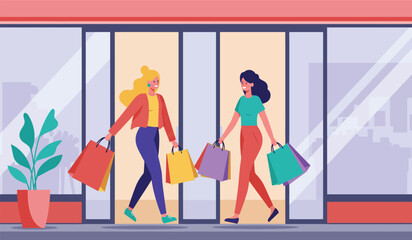 Girl shopping in mall, 618 mid year event promotion background, vector illustration