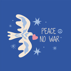 Obraz premium Peace No war. White dove with flowers on blue background. Cute flat postcard design
