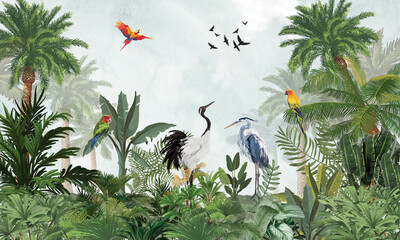 Lush Safari Wall Mural: Exotic Crane, Birds in Green Tropical Landscape © csinie1