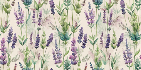 Beautiful floral pattern featuring purple lavender on a light background.