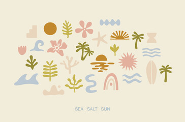 Palm leaves, sun, ocean, surfing, vacation. Summer minimal organic doodle shapes. Groovy boho set.