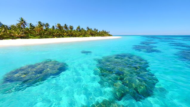 Tropical paradise featuring crystal clear turquoise water white sand beach and lush green palm trees under a vibrant blue sky