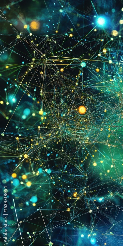 Poster abstract network connection background with glowing nodes and lines in teal and gold