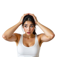 Fototapeta premium Concerned young woman holding her head in distress with a worried expression in bright indoor setting